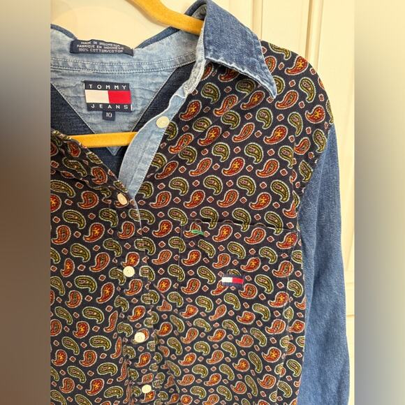 Tommy Hilfiger Jeans Women’s Denim Paisley Corduroy Button Down Size 10 Cotton - Picture 1 of 8